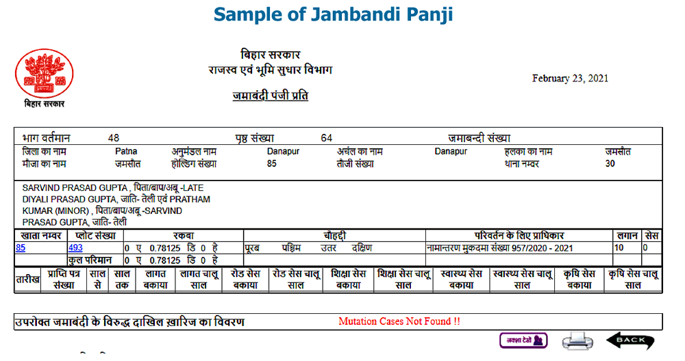 bhulekh bihar Sample of Jambandi Panji