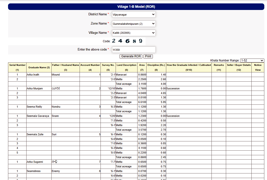 meebhoomi 1B ROR village sample list